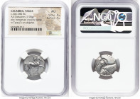 CALABRIA. Tarentum. Ca. 302-280 BC. AR didrachm (20mm, 7.90 gm, 11h). NGC AU 4/5 - 4/5. Ca. 302-280 BC. Cratinus, Ago-, and Xor-, magistrates. Nude yo...