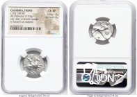 CALABRIA. Tarentum. Ca. 302-280 BC. AR didrachm (20mm, 7.92 gm, 8h). NGC Choice XF 4/5 - 4/5. Dai- and Fi-, magistrates. Helmeted nude warrior on hors...
