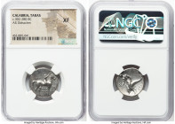 CALABRIA. Tarentum. Ca. 302-280 BC. AR didrachm (21mm, 10h). NGC XF. Arethon, Sa-, and Cas-, magistrates. Nude youth on horse advancing right, crownin...