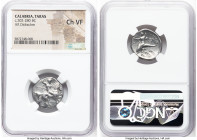 CALABRIA. Tarentum. Ca. 302-280 BC. AR didrachm (20mm, 5h). NGC Choice VF. Phili- and Phi-, magistrates, ca. 290-281 BC. Helmeted nude warrior on hors...