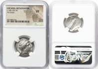 LUCANIA. Metapontum. Ca. 340-330 BC. AR stater (21mm, 7h). NGC VF. Ph-, magistrate. Veiled head of Demeter right, hair tucked into barley wreath, wear...