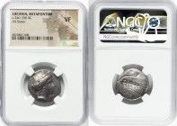 LUCANIA. Metapontum. Ca. 340-330 BC. AR stater (22mm, 4h). NGC VF. Ap- and Ph-, magistrates. Veiled head of Demeter right, hair tucked into barley wre...