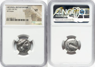 LUCANIA. Metapontum. Ca. 340-330 BC. AR stater (18mm, 4h). NGC VF. Phi-, magistrate. Veiled head of Demeter right, hair tucked into barley wreath, wea...