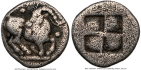 THRACO-MACEDONIAN TRIBES. Mygdones or Crestones. Ca. 485-470 BC. AR diobol (11mm). NGC VG. Goat kneeling right, head reverted; pellets around / Quadri...