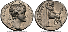Tiberius (AD 14-37). AR denarius (18mm, 3.84, 1h). NGC AU 4/5 - 4/5. Lugdunum, ca. AD 18-35. TI CAESAR DIVI-AVG F AVGVSTVS, laureate head of Tiberius ...