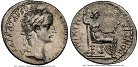 Tiberius (AD 14-37). AR denarius (18mm, 3.61 gm, 10h). NGC XF 4/5 - 2/5, brushed. Lugdunum, ca. AD 18-35. TI CAESAR DIVI-AVG F AVGVSTVS, laureate head...