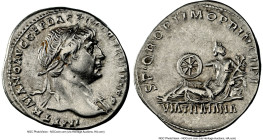Trajan (AD 98-117). AR denarius (19mm, 7h). NGC XF. Rome, AD 112-113. IMP TRAIANO AVG GER DAC P M TR P COS VI P P, laureate head of Trajan right, slig...