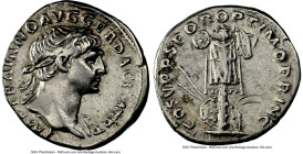 Trajan (AD 98-117). AR denarius (18mm, 5h). NGC Choice VF. Rome, AD 103-111. IMP TRAIANO AVG GER DAC P M TR P, laureate bust of Trajan right, slight d...