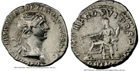 Trajan (AD 98-117). AR denarius (18mm, 7h). NGC Choice VF. Rome, AD 114-117. IMP CAES NER TRAIANO OPTIMO AVG GER DAC, laureate, draped bust of Trajan ...