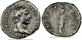Trajan (AD 98-117). AR denarius (19mm, 7h). NGC VF, flan flaw. Rome, AD 98-99. IMP CAES NERVA TRA-IAN AVG GERM, laureate head of Trajan right / P•M•TR...