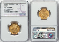 Victoria gold "Shield" Sovereign 1884-M UNC Details (Obverse Scratched) NGC, Melbourne mint, KM6, S-3854. Adorned in exquisite peach luster. Ex. Herit...
