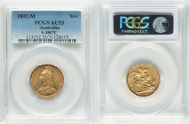 Victoria gold Sovereign 1892-M AU53 PCGS, Melbourne mint, KM10, S-3867C. Jubilee head type. Original luster persists despite the trivial wear. HID0980...