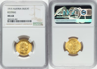 Franz Joseph I gold Restrike Ducat 1915 MS68 NGC, Vienna mint, KM2267, Fr-494. Cuprous golden palette preserved in superb gem mint state. Ex. Heritage...