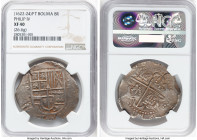 Philip IV Cob 8 Reales ND (1622-1624) P-T XF40 NGC, Potosi mint, KM19. 26.6gm. The centered strike allows for the entirety of the well-preserved shiel...