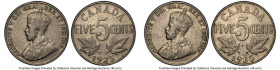 George V Pair of Certified 5 Cents 1925 PCGS, 1) 5 Cents 1925 - VF25 2) 5 Cents 1925 - VF Details (Scratch) Ottawa mint, KM29. Semi-key date. HID09801...