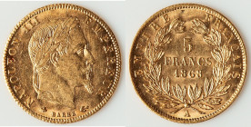 Napoleon III gold 5 Francs 1868-A XF, Paris mint, KM787.1, Fr-578a. 16.7mm. 1.63gm. HID09801242017 © 2025 Heritage Auctions | All Rights Reserved www....