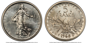 Republic silver Specimen Piefort 5 Francs 1968 SP68 PCGS, Paris mint, KM-P404. Mintage: 500. Without any significant blemishes or noteworthy distracti...