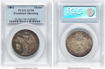 Frankfurt. Free City "Frankfurt Shooting Festival" Taler 1862 AU58 PCGS, KM371. The crowned imperial eagle is framed by a pastel luminescence. HID0980...