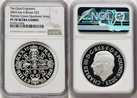 Charles III silver Proof "Petition Crown - Quartered Arms" 5 Pounds (2 oz) 2023 PR70 Ultra Cameo NGC, Mintage: 3,260. Great Engravers series. Reverse ...