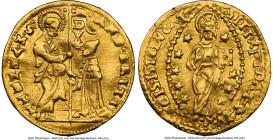 Venice. Andrea Gritti gold Ducat ND (1523-1539) AU Details (Bent) NGC, Fr-1246. AND GRITI DVX | • SM • VЄNЄTI, St. Mark standing right presenting bann...