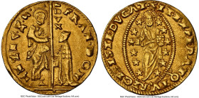 Venice. Francesco Donà gold Zecchino ND (1545-1553) AU Details (Bent) NGC, Fr-1250, KM-MB102. FRAN DON S M VENET St. Mark on left standing and present...