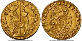 Venice. Francesco Donà gold Zecchino ND (1545-1553) AU Details (Bent) NGC, Fr-1250, KM-MB102. FRAN DON S M VENET St. Mark standing on left presenting ...