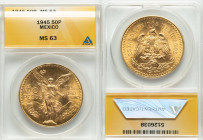 Estados Unidos gold 50 Pesos 1945 MS63 ANACS, Mexico City mint, KM481. Centennial of Independence. The shimmering golden luster is deserving of a Gem ...