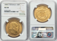 Charles III gold 100 Francs 1884-A AU58 NGC, Paris mint, KM99, Fr-11. Bordering on Mint State, this minimally worn selection contains well-defined cen...
