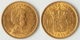 Wilhelmina gold 10 Gulden 1911 AU, Utrecht mint, KM149, Fr-349. 22.5mm. 6.74gm. HID09801242017 © 2025 Heritage Auctions | All Rights Reserved www.HA.c...