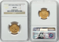 Republic gold 1/2 Libra 1907-GOZG AU55 NGC, Lima mint, KM209. Relatively low-mintage date, which is reflected in the paucity of graded examples. HID09...