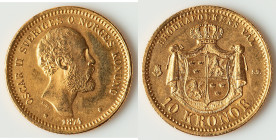 Oscar II gold 10 Kronor 1874-ST XF (Cleaned), Kungsholmen mint, KM732. 18.2mm. 4.48gm. HID09801242017 © 2025 Heritage Auctions | All Rights Reserved w...