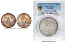 Confederation "St. Gallen Shooting Festival" 5 Francs 1874 MS66+ PCGS, Bern mint, KM-XS12, Richter 1156a. Company thins out at this level on the censu...