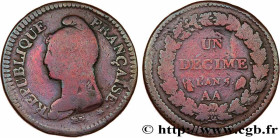 DIRECTOIRE
Type : Un décime Dupré, grand module, "refrappage" du 2 décimes 
Date : An 5 (1796-1797) 
Mint name / Town : Metz 
Quantity minted : 214576...