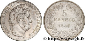 LOUIS-PHILIPPE I
Type : 5 francs IIIe type Domard 
Date : 1846 
Mint name / Town : Paris 
Quantity minted : 5.535.528 
Metal : silver 
Millesimal fine...