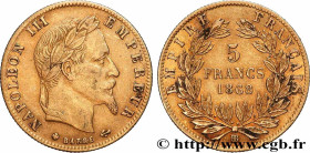 SECOND EMPIRE
Type : 5 francs or Napoléon III, tête laurée 
Date : 1868 
Mint name / Town : Strasbourg 
Quantity minted : 723.254 
Metal : gold 
Mille...