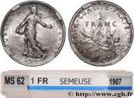 III REPUBLIC
Type : 1 franc Semeuse 
Date : 1907 
Quantity minted : 2562745 
Metal : silver 
Millesimal fineness : 835  ‰
Diameter : 23,23  mm
Orienta...