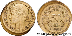 III REPUBLIC
Type : 50 centimes Morlon, Fauté Hors Virole en Casquette 
Date : 1938 
Quantity minted : --- 
Metal : bronze-aluminium 
Diameter : 18  m...