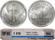 FRENCH STATE
Type : 1 franc Francisque, lourde, avec les croix 
Date : 1942 
Mint name / Town : Paris 
Quantity minted : --- 
Metal : aluminium 
Diame...