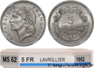 IV REPUBLIC
Type : 5 francs Lavrillier, aluminium 
Date : 1952 
Quantity minted : 4.000.000 
Metal : aluminium 
Diameter : 31  mm
Orientation dies : 6...