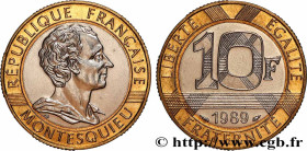 V REPUBLIC
Type : 10 francs Montesquieu 
Date : 1989 
Quantity minted : 15000 
Metal : bronze-aluminium and nickel 
Diameter : 23  mm
Orientation dies...