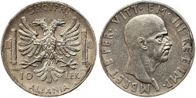 Albania, Vittorio Emanuele III, 10 Lek, 1939 Ag.835 10,00 g Rare, Scratches on the field, edge nicks, KM 34, XF-