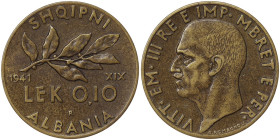 Albania, Vittorio Emanuele III, 0,10 Lek, 1941 Year XIX. Ae. 4,90 g Rare Gigante 16, XF