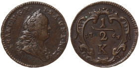 Austria, Francis I, Holy Roman Emperor, 1/2 Kreuzer, 1764, C-A Karlsburg, Rare variant with R.-I.S. on the obverse! Ae. 5,40 g Rare Herinek 652, VF
