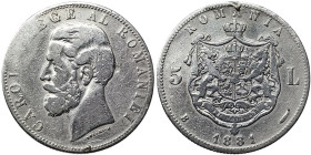 Romania, Carol I as Prince/King, 5 Lei, 1881, Bucharest, Ag.900 25,00 g KM 12, GOOD