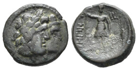 BRUTTIUM. Rhegion (c. 211-200 a.C.). Trias. AE (g 3,25). Teste accollate di Asclepio, laureato, e Hygieia a destra. R/ Artemide stante a sinistra, con...