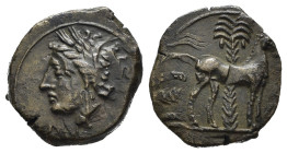 CARTAGINE (c. 400-350 a.C.). Zecca siciliana(?). AE (g 2,76). Testa di Tanit a sinistra, con corona di spighe. R/ Cavallo stante a destra; albero di p...