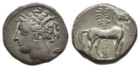 CARTAGINE (c. 400-350 a.C.). Zecca siciliana(?). AE (g 2,83). Testa di Tanit a sinistra, con corona di spighe. R/ Cavallo stante a destra; albero di p...