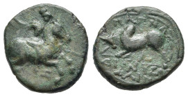 IONIA. Magnesia ad Maeandrum (c. 350-200 a.C.). AE (g 2,69). Dionysios, magistrato. Cavaliere al galoppo a destra. R/ Toro cozzante a sinistra. SNG Co...
