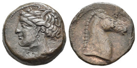 Puniche. DOMINIO PUNICO. Sardegna, c. 264-241 a.C. Ae (g 5,15). Testa di Tanit a sinistra, con corona di spighe. R/ Testa di cavallo a destra. CNP 251...