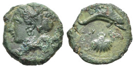 SICILIA. Siracusa. Dionigi I (405-367 a.C.). Hemilitron. AE (g 2,92). Testa femminile a sinistra con sphendone. R/ Delfino a destra; conchiglia sotto....